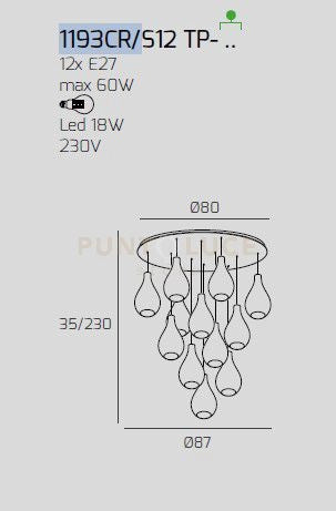 SOSP. CROMO 12 LUCI TONDA VETRI PICCOLI (3XAM+3XBR+3XFU+3XTR) 1193CR-S12 TP-MC