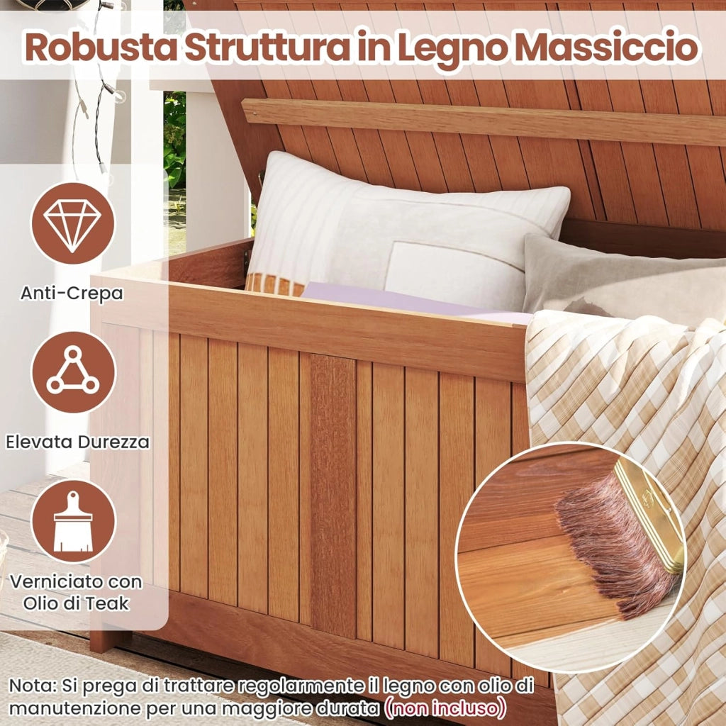 Baule da Giardino 220L, 3 in 1 Cassapanca Contenitore in Legno Massello con Coperchio Ribaltabile e Bordi Rialzati, Panca Portaoggetti per Interni e Esterni, 113,5 x 52 x 58,5 cm