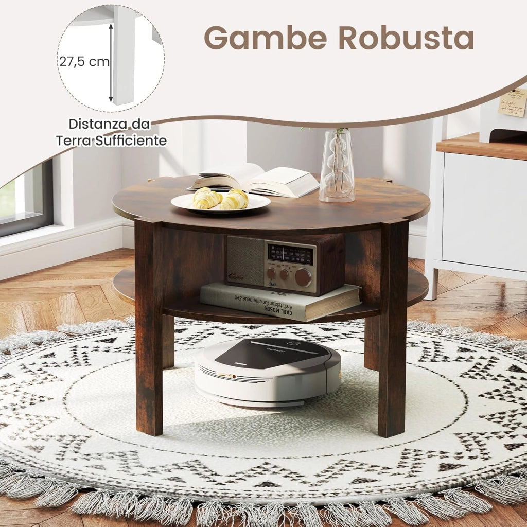 Tavolino da Caffè Rotondo con Ripiano Diviso a 4, Tavolino Basso in Legno Moderno, Tavolo per Salotto, Soggiorno e Cameretta, 74,5 x 74,5 x 45,5 cm (Marrone)
