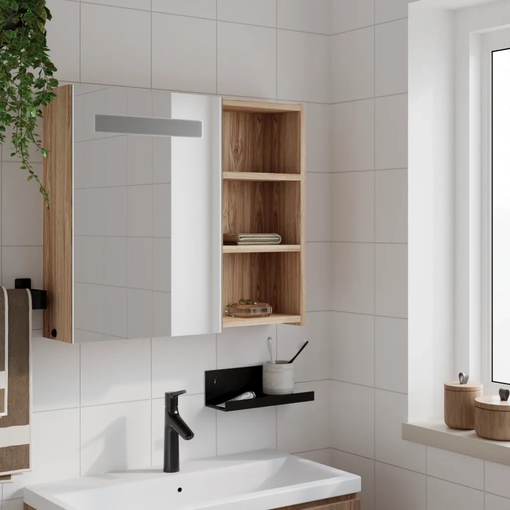 Armadietto Bagno con Specchio e LED-Mobile bagno con specchio Rovere 60x13x52 cm