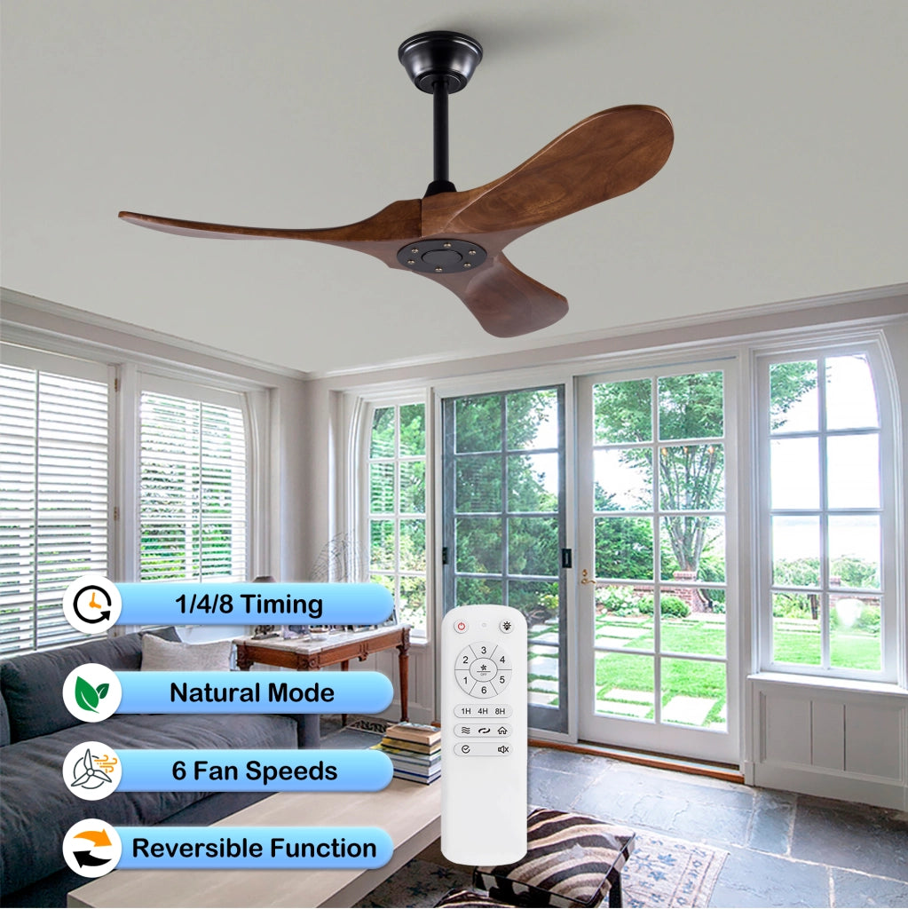 Ventilatore da soffitto 42 pollici, 3 pale legno, design ad elica, funzione memoria, telecomando, finitura noce, per terrazze e soggiorni