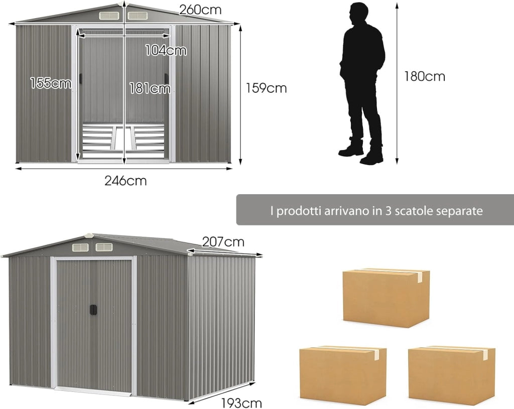 Casetta da Giardino 4,74㎡, Capanno da Esterno in Lamiera Acciaio Zincato Resistente alle Intemperie con 4 Feritoie, Doppie Porte e Rampa, 260 x 207 x 181 cm (Grigio chiaro)