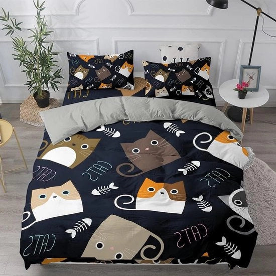 Copriletto per gatto di alta qualità - Misura singola: disegno animale stampato - Nero e grigio - Microfibra soffice - Facile da pulire - 135 x 210 cm