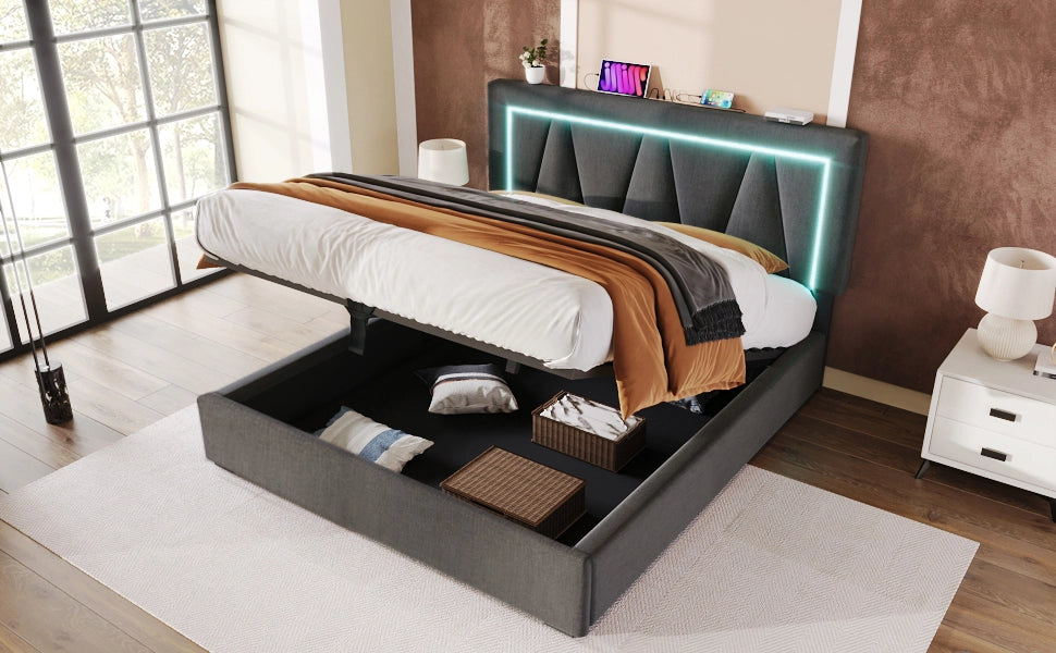 Letto matrimoniale 160 × 200 cm con contenitore, USB e Type-C, LED, con materasso, grigio