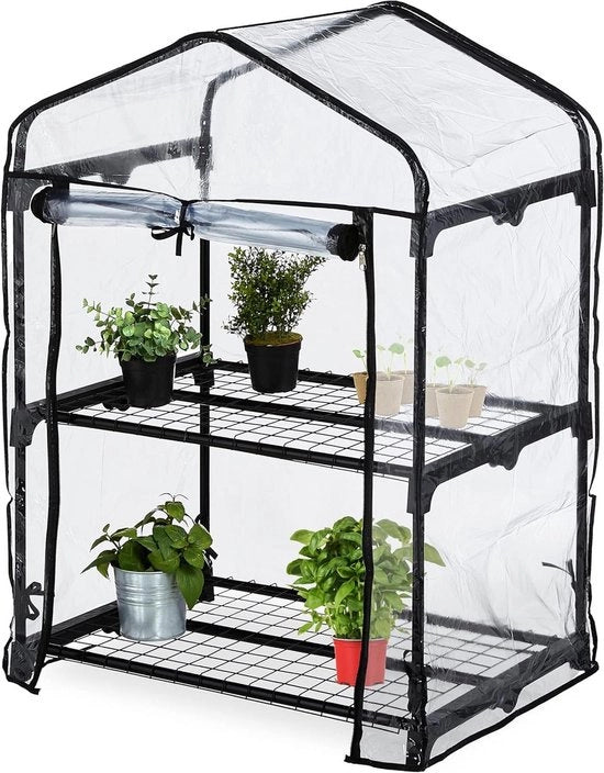 Serra a 2 Livelli per Coltivazione HxLxD: 94 x 67 x 49 cm Film PVC Tubi di Acciaio trasparente/Nero