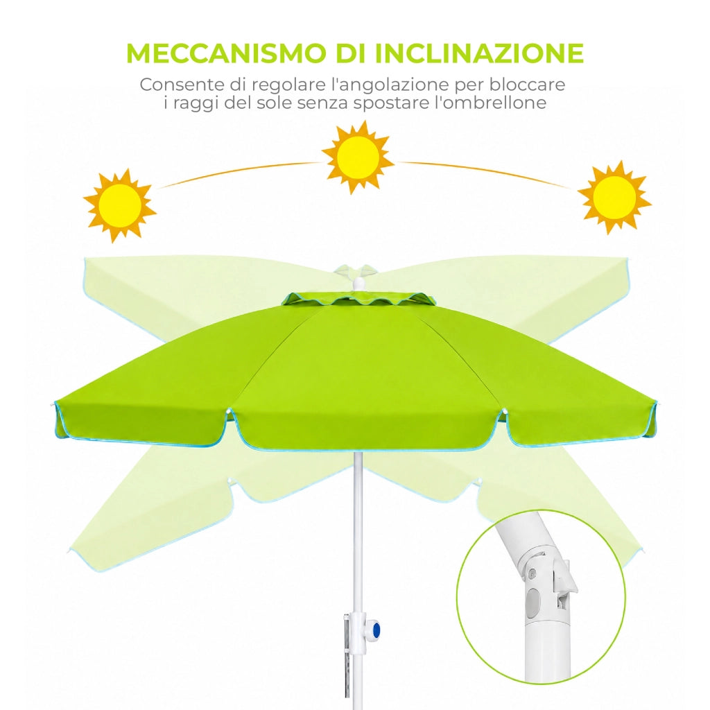Ombrellone Mare Maxi 220 cm con Protezione UV, Palo a Vite e Inclinazione Regolabile, Parasole da Spiaggia con Presa d'Aria Antivento, Stecche Resistenti e Custodia Trasporto Verde Acido
