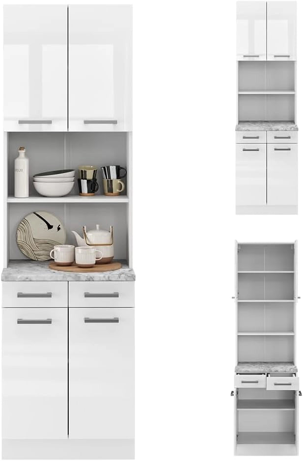 Cucine componibili piccole R-Line, Bianco lucido, 60 cm, PL Marmo, utilizzabile per combinazioni modulari in composizioni cucina