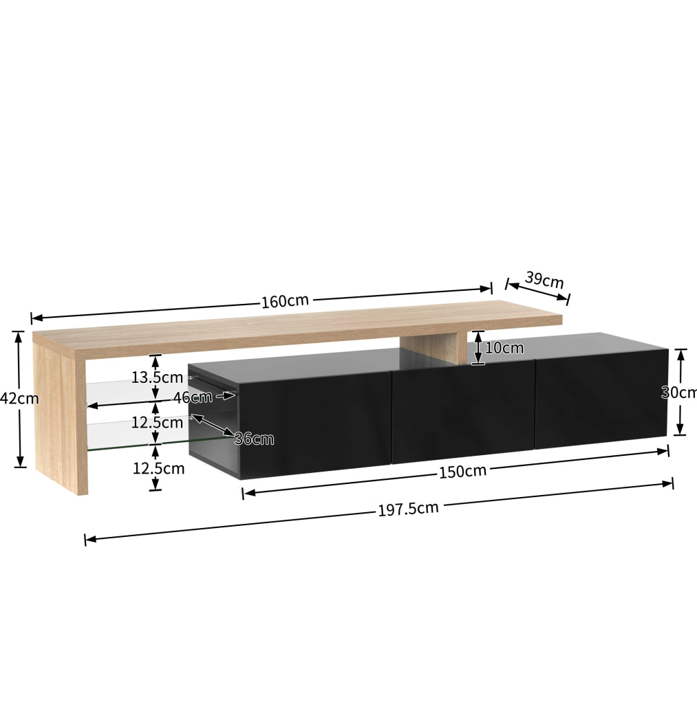 Mobile TV 197;5 cm in MDF e vetro; 3 scomparti; LED a 7 colori con app; nero e legno