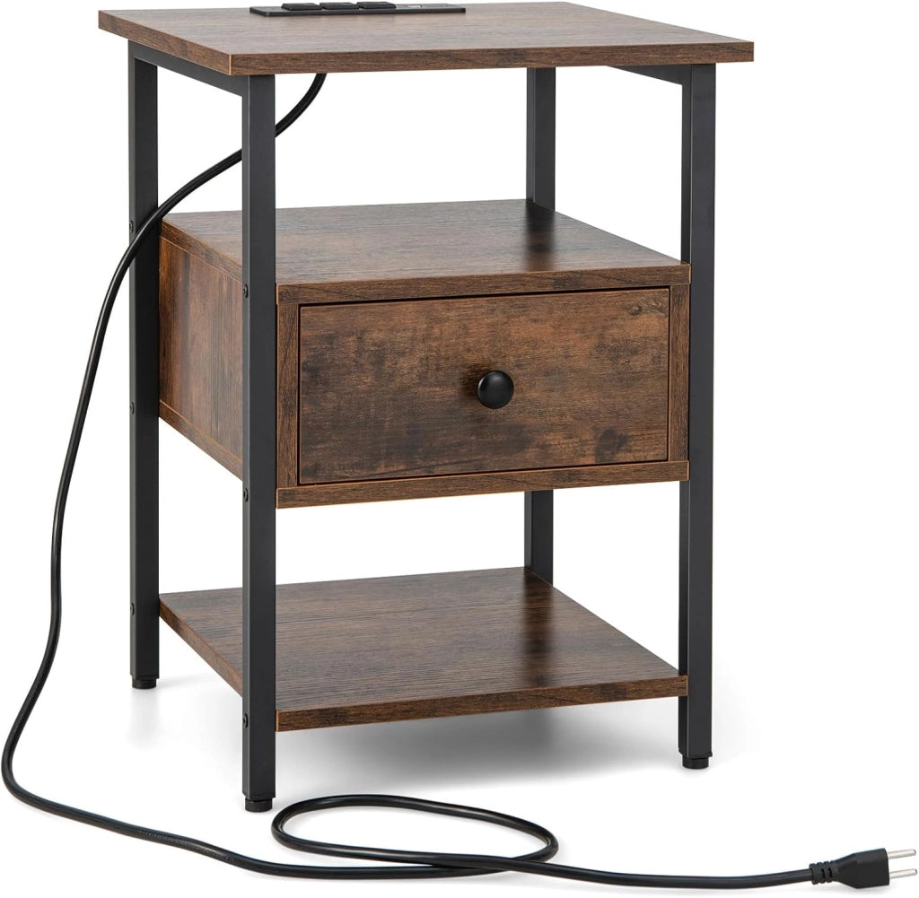 Comodino a 3 Piani con Stazione di Ricarica, Tavolino in Legno con Ripiani Aperti e Cassetto, Tavolino con Struttura in Metallo Robusto per Camera da Letto, Soggiorno e Studio, Naturale (1)
