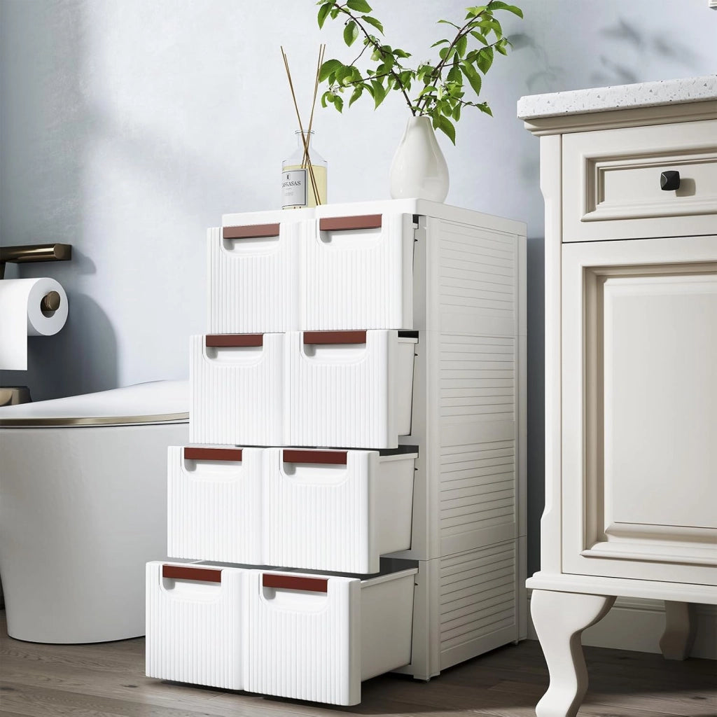 Mobiletto Stretto con Ruote, Carrello e Organizzatore Slim con 3/4/5/6 Cassetti per Spazi Piccoli, Cassettiera di Plastica per Soggiorno, Bagno, Cucina, Bianco (42 x 19 x 74 cm)