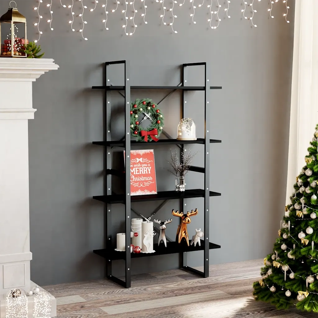 Libreria a 4 Ripiani-Scaffale per Libri-Mobile di Stoccaggio Nera 80x30x140 cm in Massello di Pino