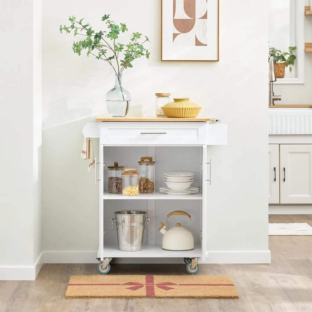Carrello Cucina con Ruote – Mobile Cucina Salvaspazio con Piano in Bambù, Carrello Cucina con Cassetto e Armadietto, Credenza Cucina e Mobiletto Cucina per Soggiorno 84x44,5x91cm FKW13-II-WN