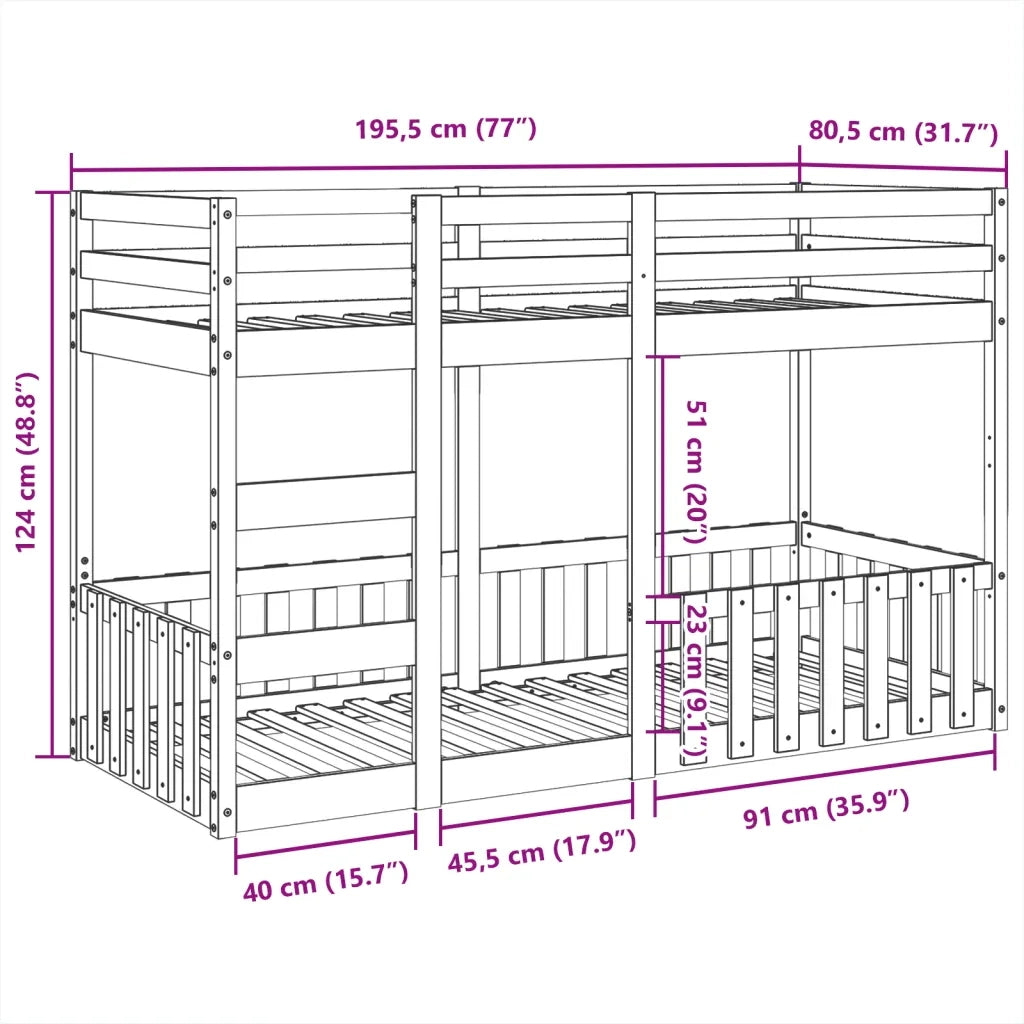 Letto a Castello Marrone Cera 75x190 cm in Legno di Pino