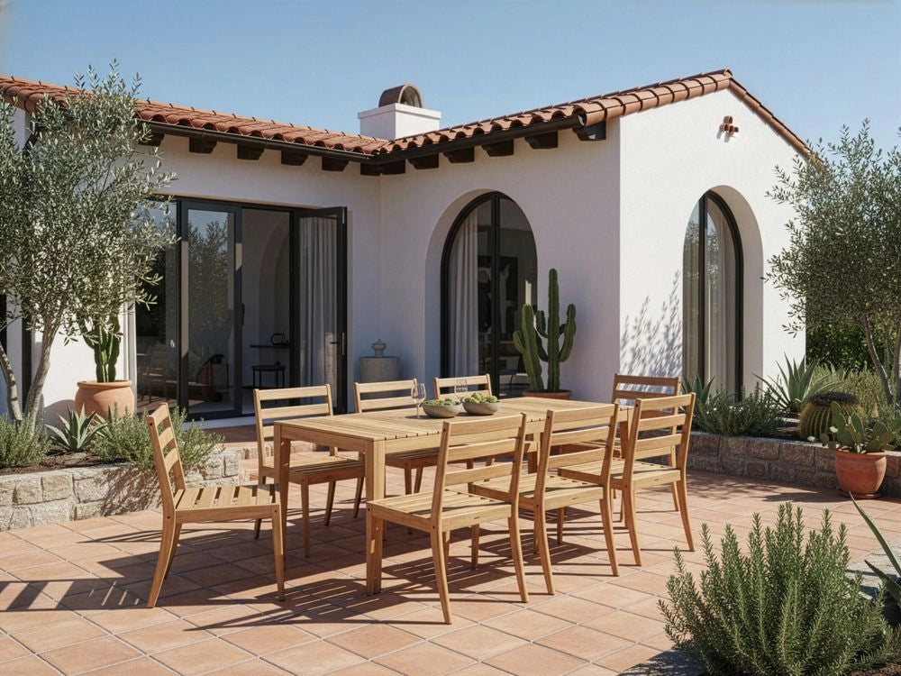 Set da pranzo da giardino con 8 sedie e tavolo marrone chiaro in legno di acacia certificato con piano rettangolare in stile rustico da esterno