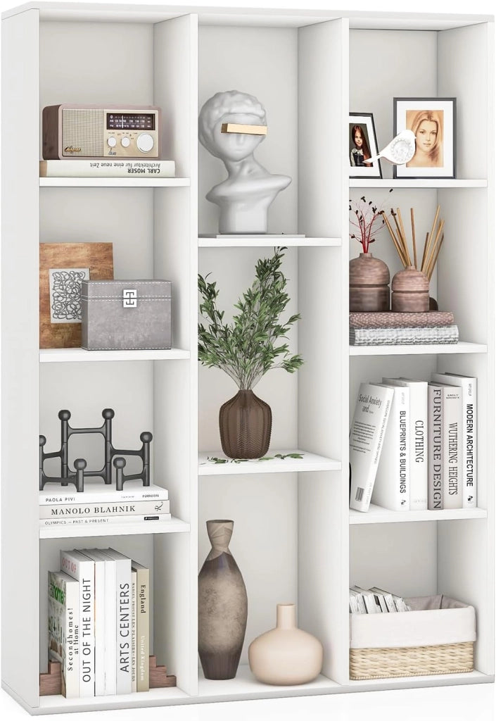 Libreria a 11 Cubi, Scaffale Moderno Geometrico con Kit Anti-Ribaltamento, Organizzatore di Libri Multifunzionale per Soggiorno Camera da Letto Studio, 74 x 24 x 106 cm (Bianco)