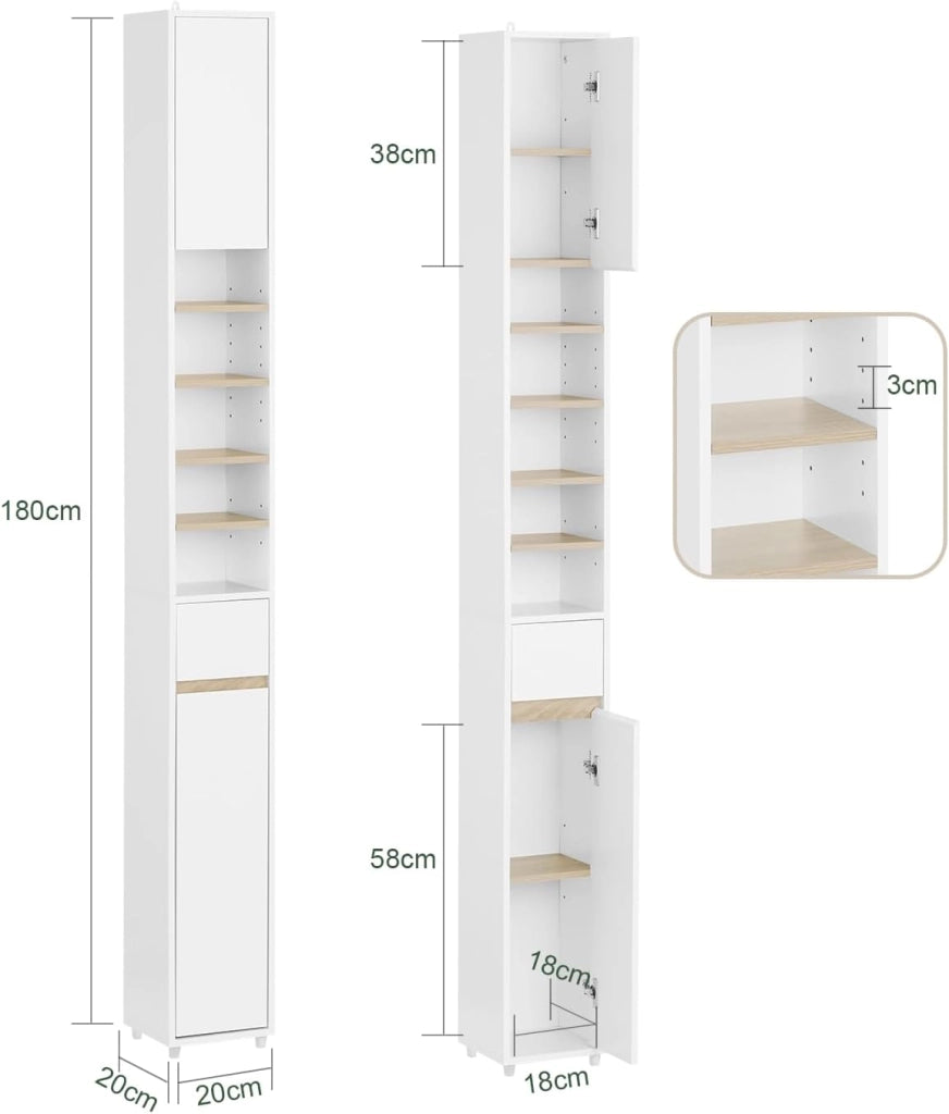 Mobile Bagno Alto e Stretto, Mobili Salvaspazio Mobiletto a Colonna da Terra con Ripiani Regolabili e Cassetto Armadietto per Bagno e Lavanderia 20×20×180 cm BZR34-WN