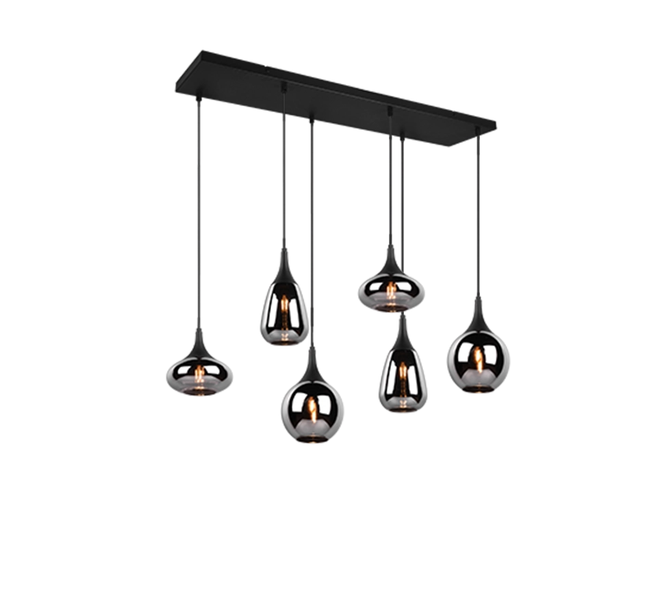 Lampada a sospensione 6 diffusori, metallo, nero e fumé, L 85 cm, Lumina