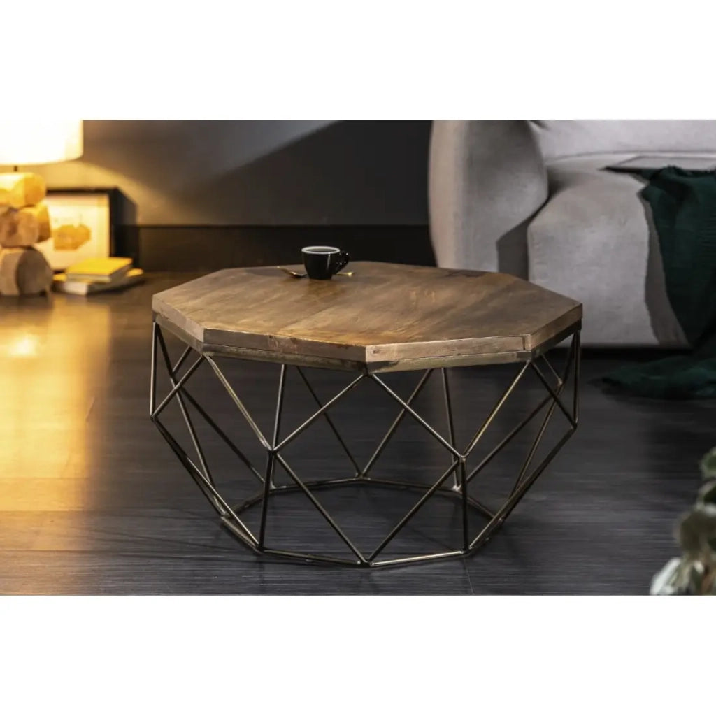 Tavolino basso NEXORA 70 cm in legno massello di mango e ferro nero design geometrico