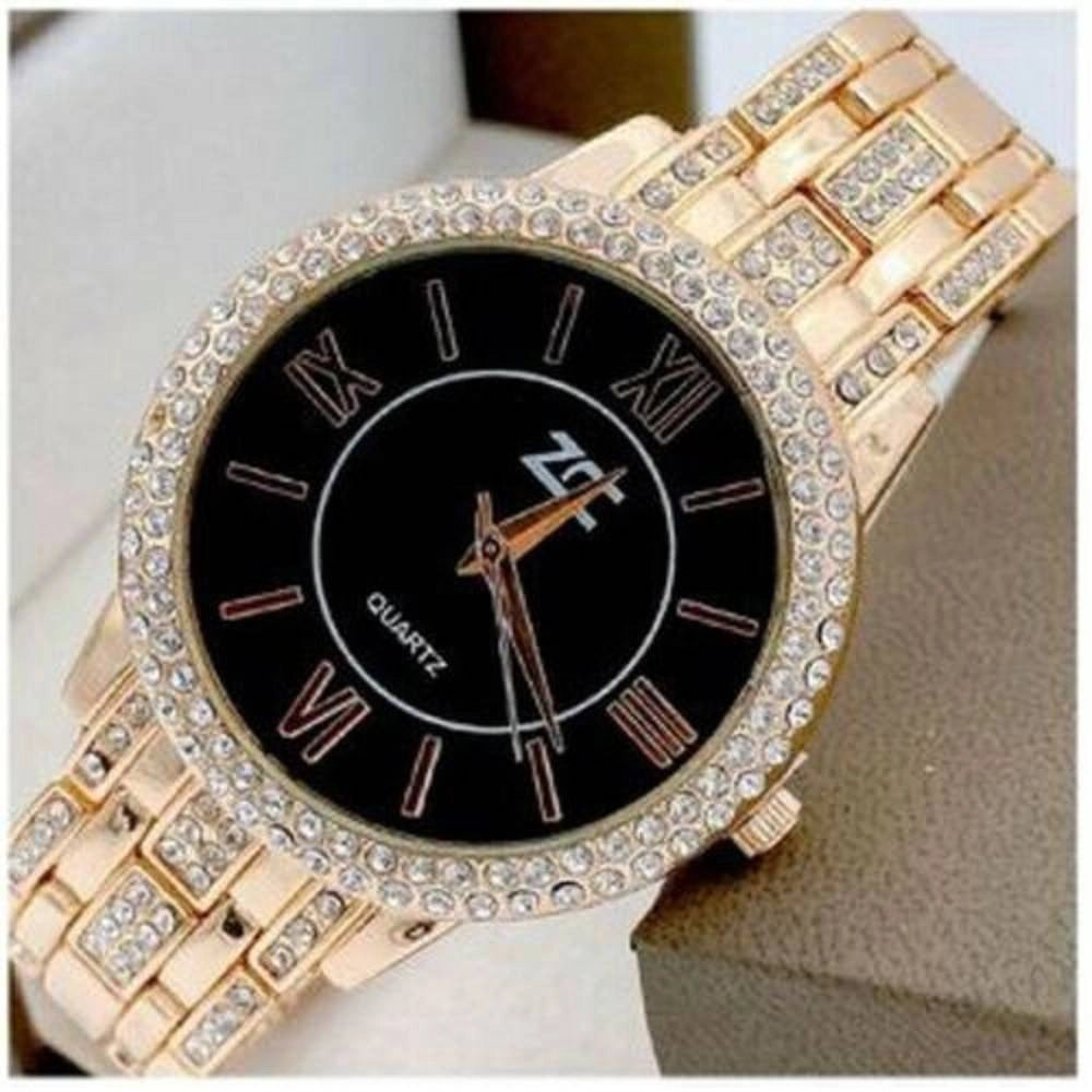 Trade Shop - Orologio Polso Zcc 13 Donna Quarzo Acciaio Moda Brillantini Oro Rosa Fondo Nero -