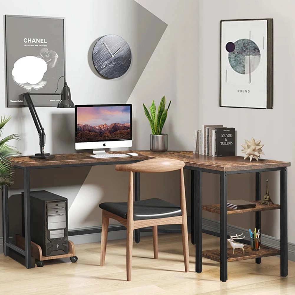 Scrivania Angolare Libreria Tavolo Porta PC Computer Metallo Legno Industriale