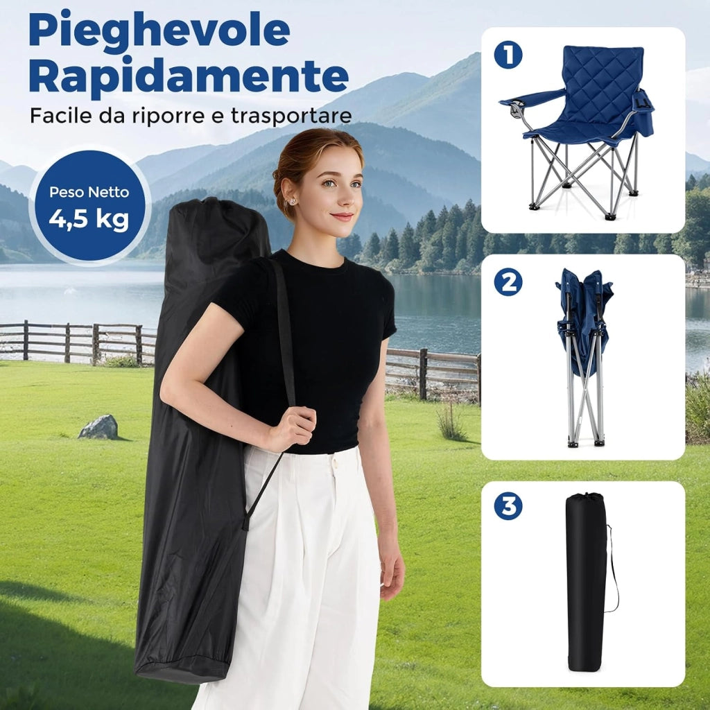 Sedia da Campeggio Pieghevole, Poltrona Esterni con Tasca Frigorifero e Portabicchieri, Sedia da Picnic con Borsa da Trasporto, Portata 227 kg, per Campeggio Pesca Picnic (Blu)