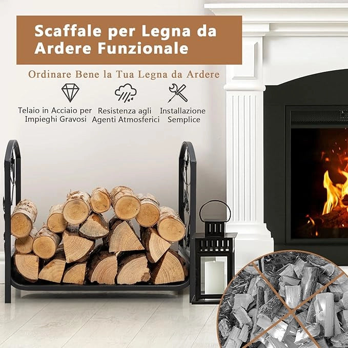 Porta Legna per Interni ed Esterni, Porta Legna per Camino d'Acciaio con Delicato Disegno a Foglia, Portalegna da Ardere per Caminetti, Stufe e Braciere, Portata 50 kg (48 x 34 x 41 cm)