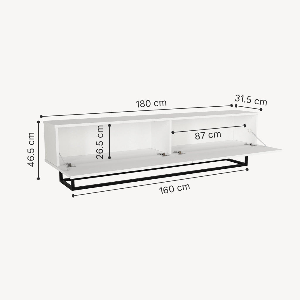 Mobile Porta TV Nolven a 2 Ante Ribalta e Telaio in Metallo 180x32x47 cm - Bianco [en.casa]
