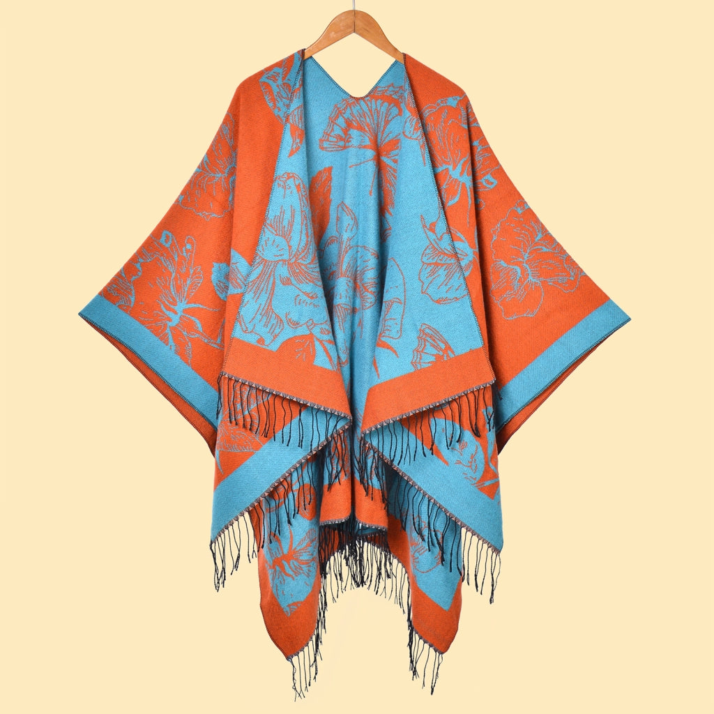 Elegante scialle caldo double-face con frange floreali e spacco laterale