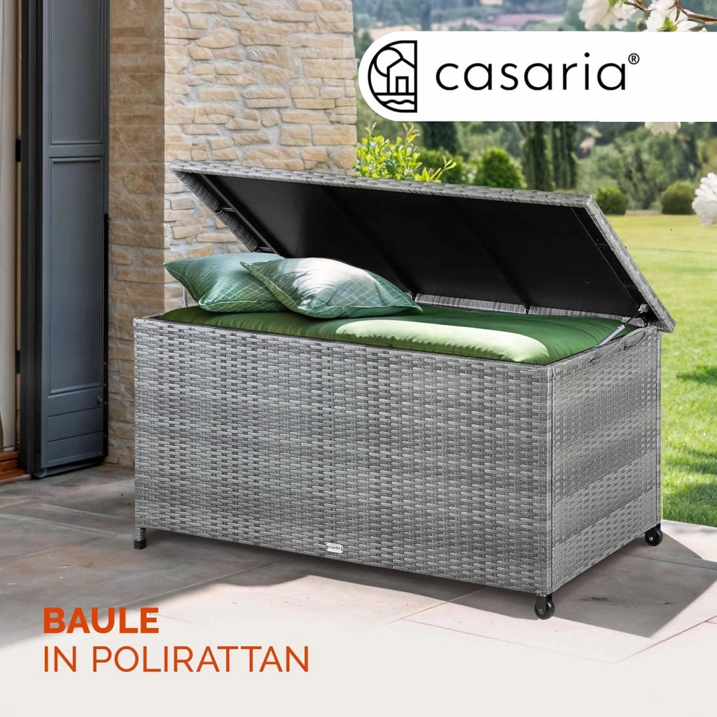 Baule da Giardino Salvaspazio 122x56x62cm Polyrattan Box Esterno con Rotelle Coperchio