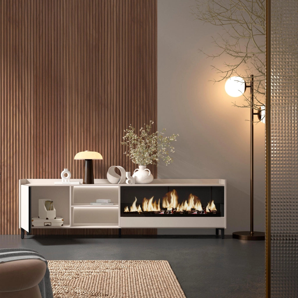 Mobile TV Soggiorno, 212x61x35 cm, Per TV fino a 80", Camino elettrico XXL, Design industriale, LED, Beige