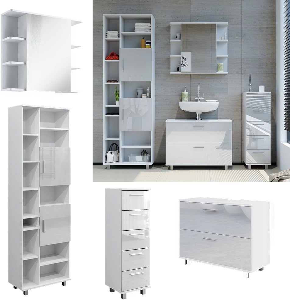 Set di mobili da bagno Ilias, Bianco lucido, 80.2 cm, composto da mobile lavabo, pensile a specchio, colonna e base media
