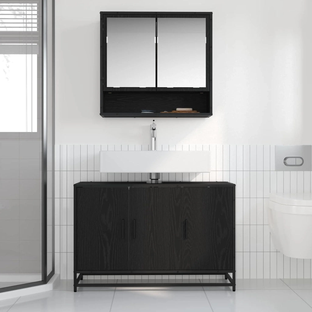 Set di mobili per il Bagno | Armadio da bagno 2 pz Rovere Nero Legno multistrato