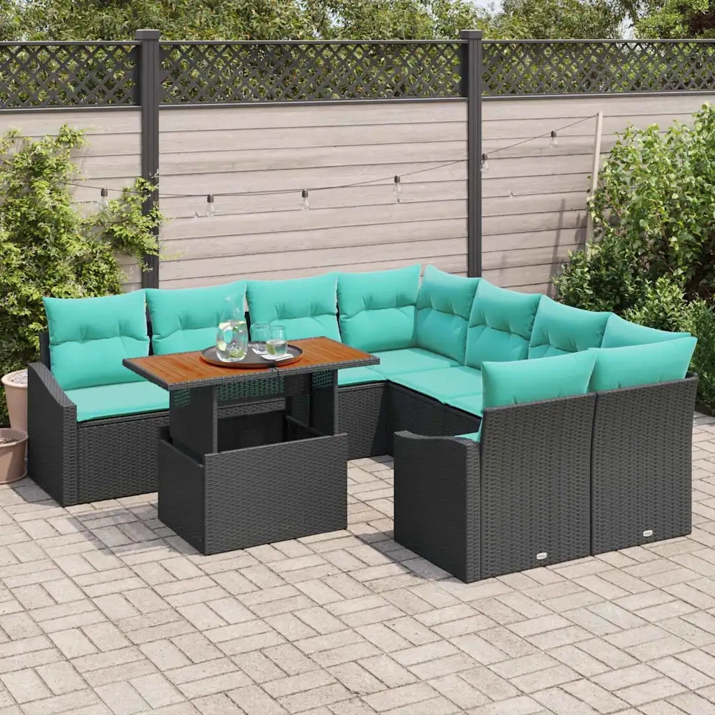 Set da Pranzo per Giardino con cuscino 9 pcs Nero e Verde acqua