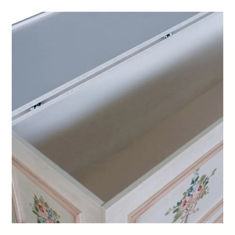Cassapanca in legno shabby bianco anticato decoro filo rosa 116,5x40,5x46 - Mobili 2G
