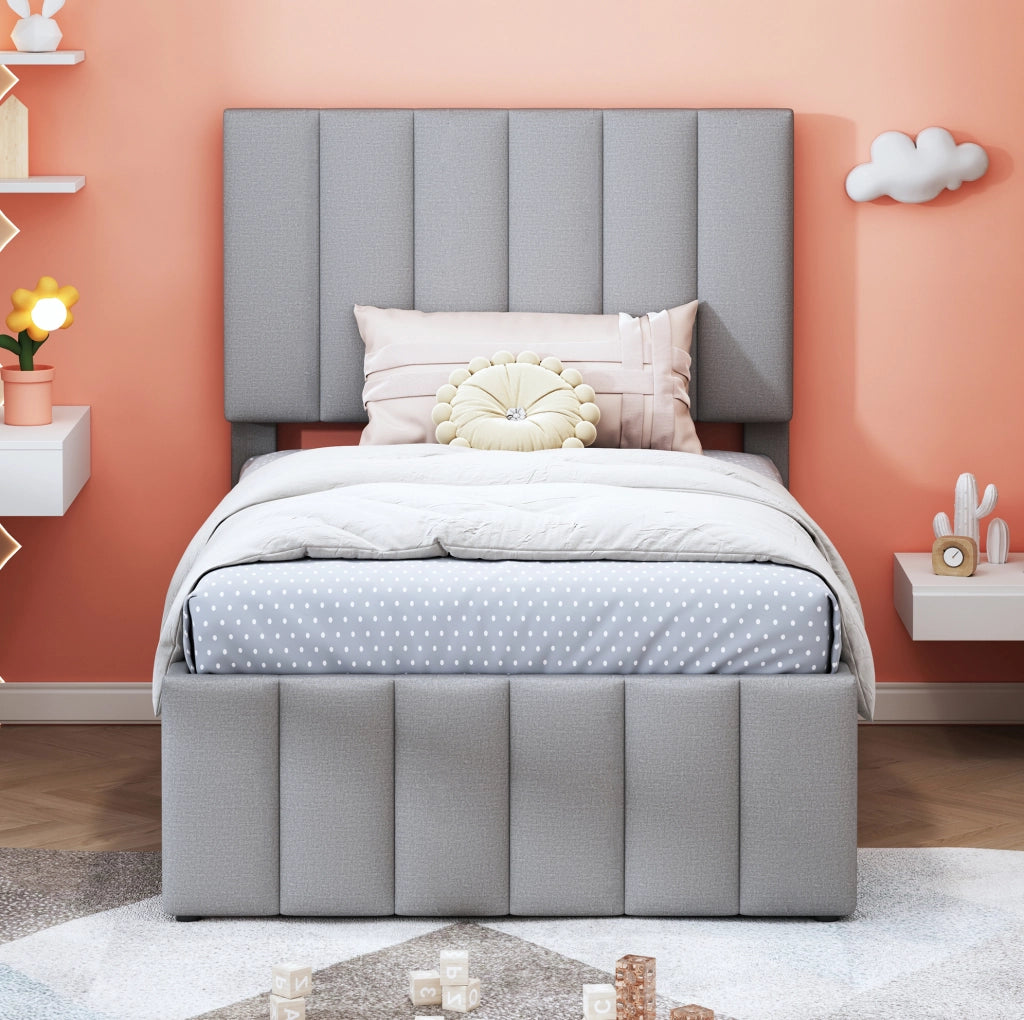 Letto singolo imbottito ULEVR 90x200 cm con letto estraibile 90x190 e 3 cassetti, tessuto grigio