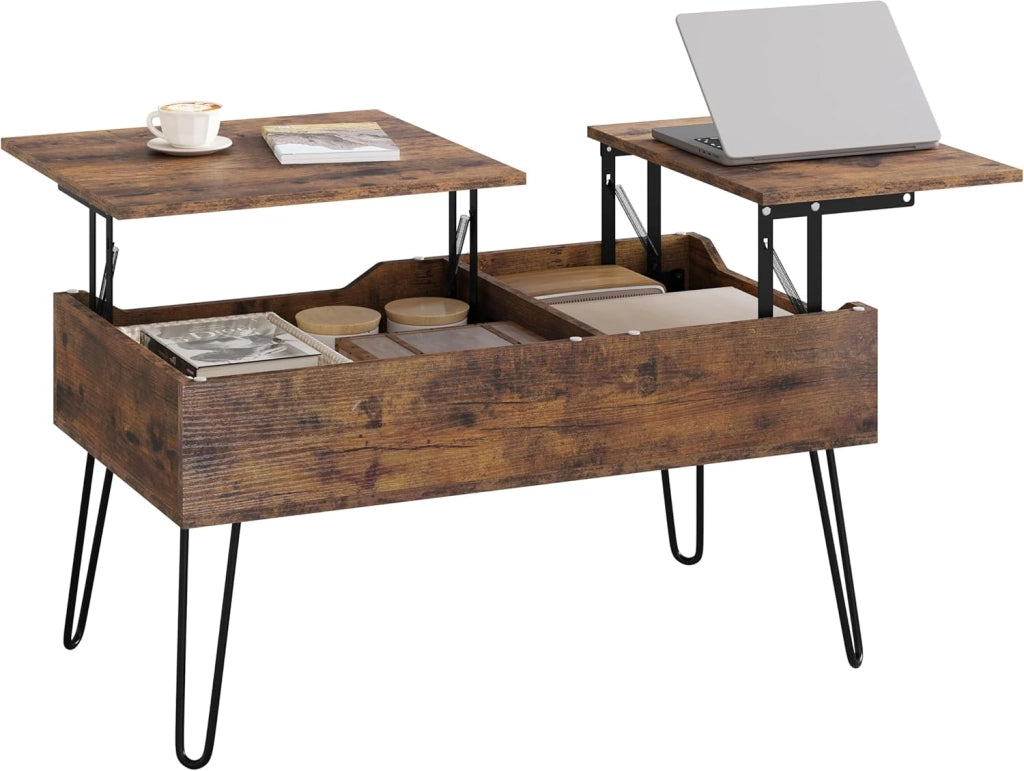 WOLTU Tavolino da Caffè Sollevabile, Tavolino da Divano con Scomparto Nascosto, Tavolino da Salotto Industriale, Tavolino da Soggiorno con Gambe in Metallo, Marrone vintage, BTS14shm