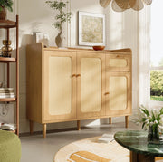 Credenza con fronti effetto rattan 120x40x91 cm in MDF colore rovere; con 3 ante e 1 cassetto