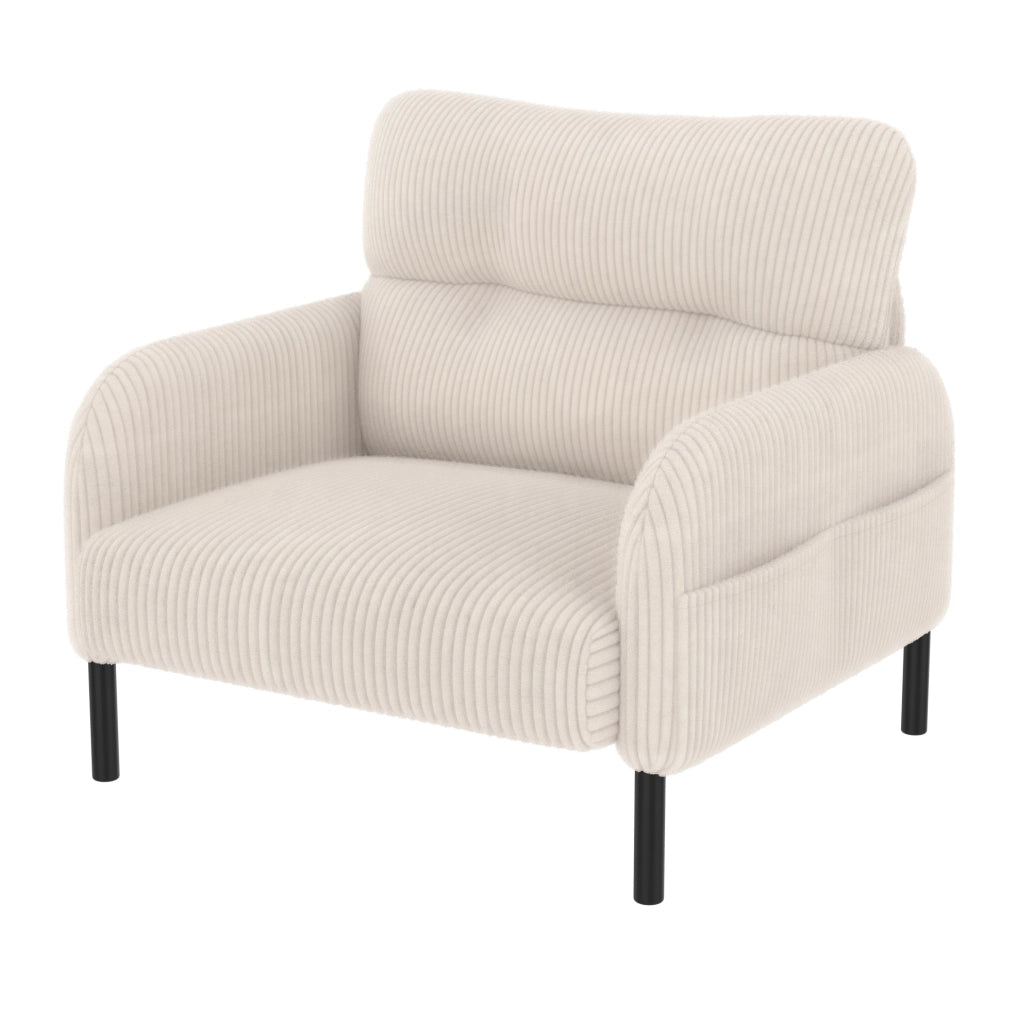 Poltrona singola in corduroy beige con tasca laterale; struttura in metallo; 67x75x79 cm