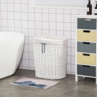 Cesto Portabiancheria in Vimini con Coperchio e Sacco Interno in Tessuto Lavabile, Bianco