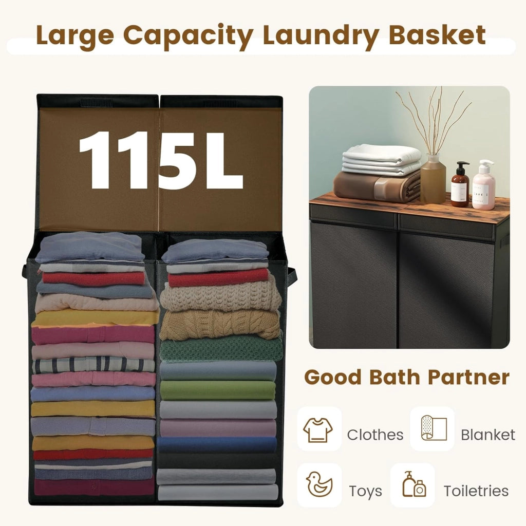 Cesto Portabiancheria Sporco da 115 L con Coperchio, Cesta Portabiancheria da 2 Scomparti Divisi con Maniglie, Cesta Biancheria in Tessuto per Camera Bagno, 62x31x60 cm, 2 Colori (Nero)