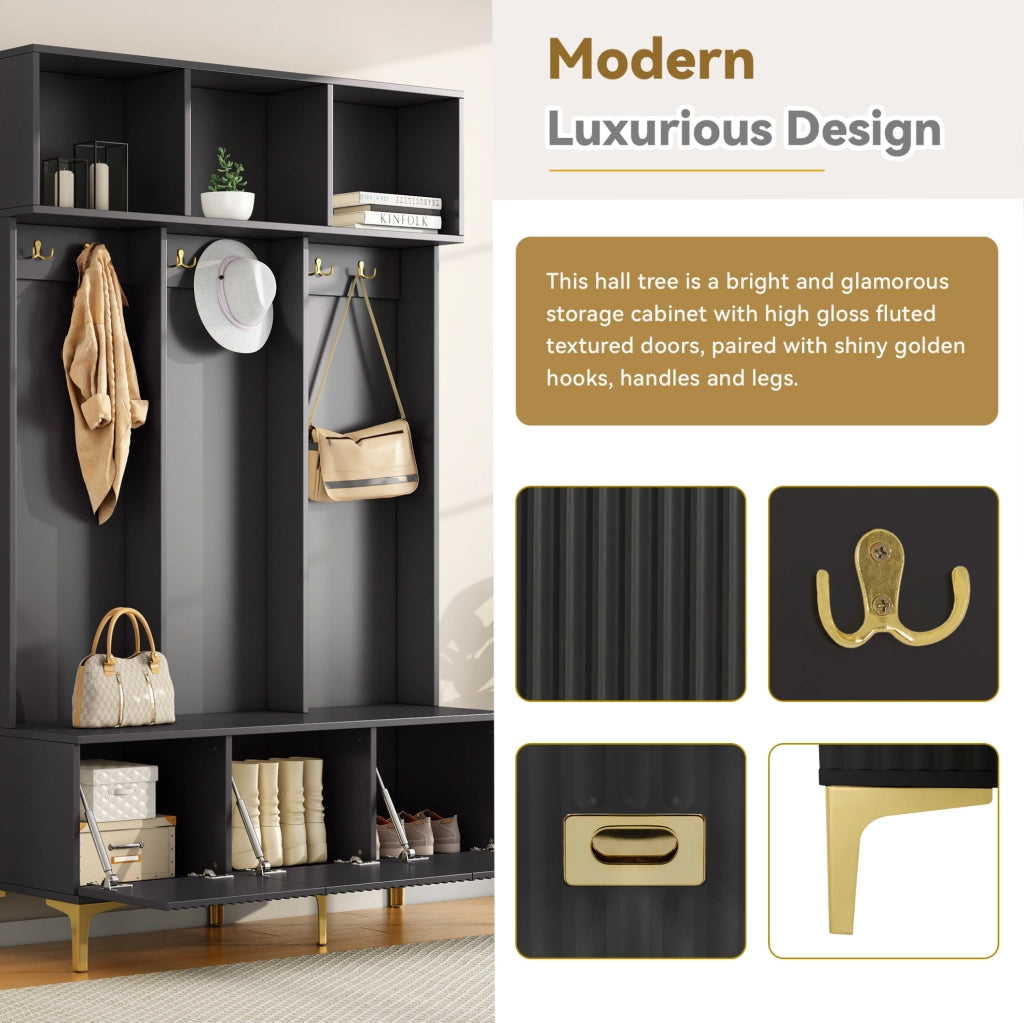 Guardaroba da ingresso multifunzionale con panca e vani portaoggetti; 120x23;5x191;5 cm; nero