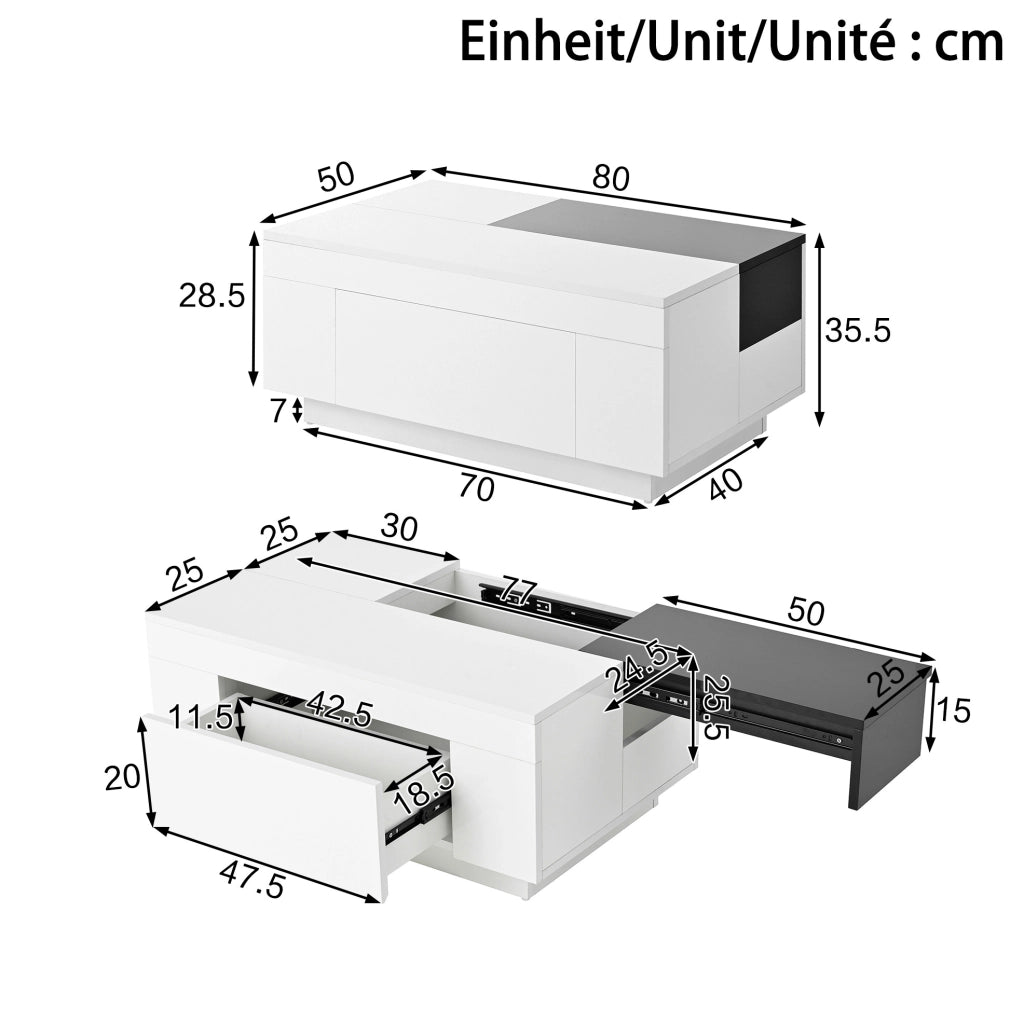 Tavolino 80x50x35,5 cm nero e bianco, con LED e contenitore, MDF lucido