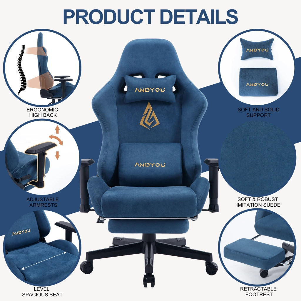 Poltrona da gaming reclinabile con poggiapiedi regolabile ¨C zephmum ¨C Blu