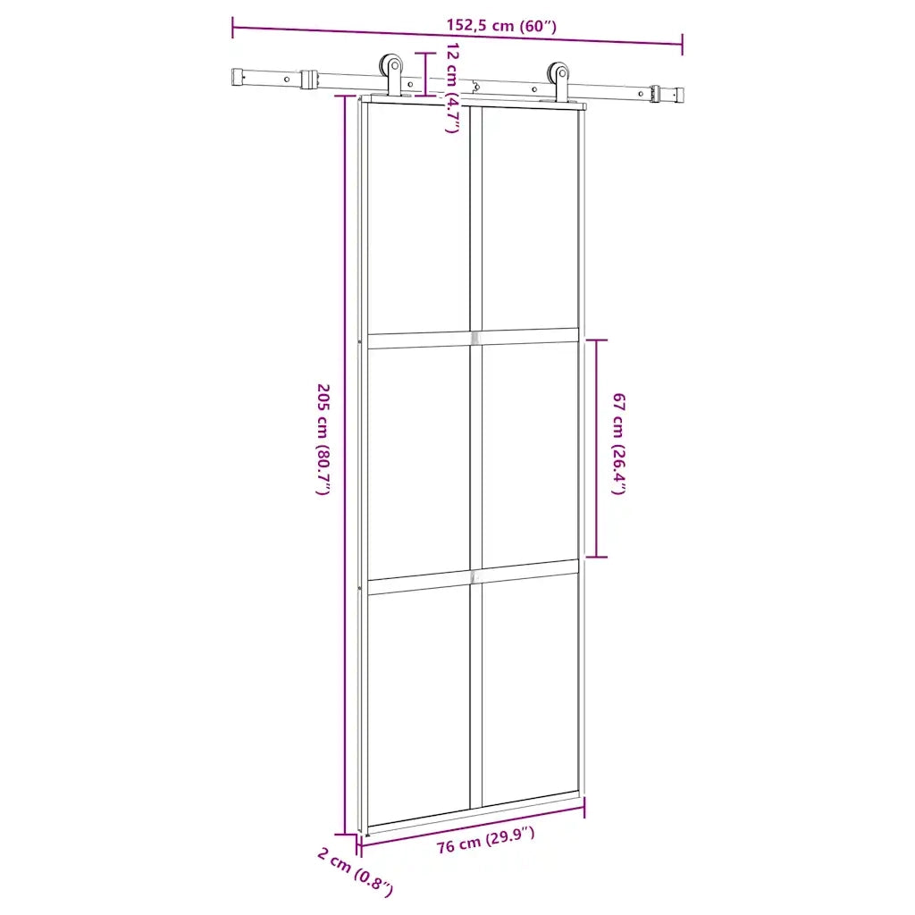 Porta Scorrevole Ferramenta 76x205 cm Vetro Temperato Alluminio 3332971
