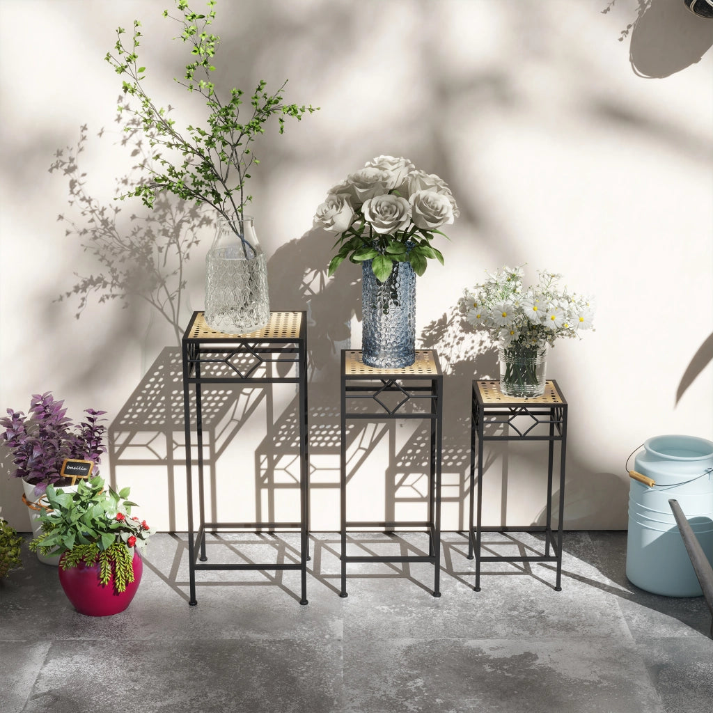 Fioriera in Polyrattan 3 Pezzi Pieghevole ¨C Zephmum ¨C Nero con Gambe in Oro