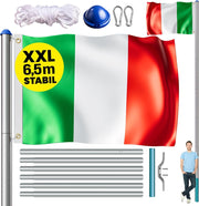® Set Montaggio Bandiera con Asta in Alluminio 6,5 m Incl. Fune Moschettone Gancio per Messa a Terra Regolabile in Altezza