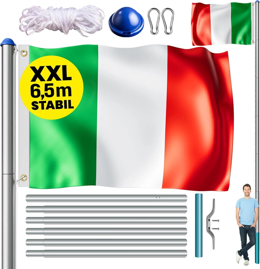 ® Set Montaggio Bandiera con Asta in Alluminio 6,5 m Incl. Fune Moschettone Gancio per Messa a Terra Regolabile in Altezza