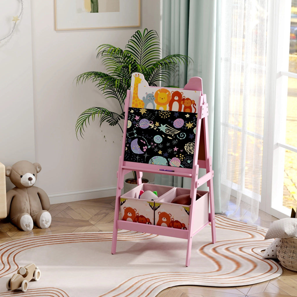 Cavalletto per Bambini con Lavagna e Cestini ¨C Zephmum ¨C Legno Rosa 53.5x49x113 cm