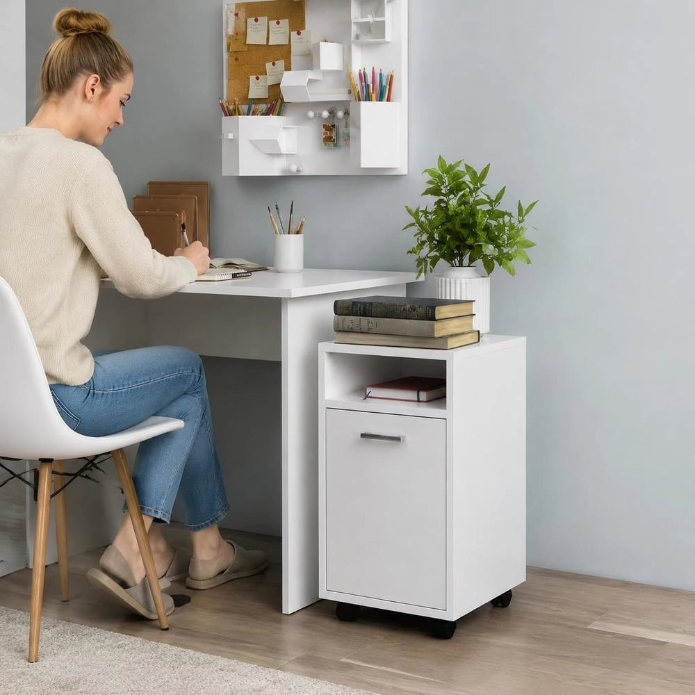 Side Cabinet With Wheels, White, 33x38x60 Cm, Wood-based Material