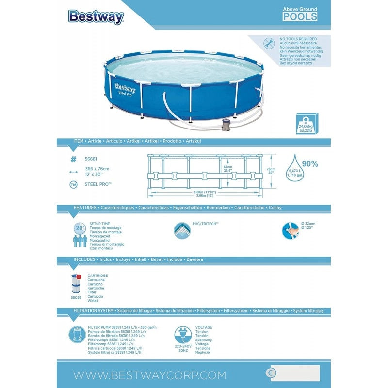 Piscina fuori terra rotonda con telaio in acciaio e pompa filtro inclusa, diametro 366 cm altezza 76 cm capacità 6473 L - Bestway